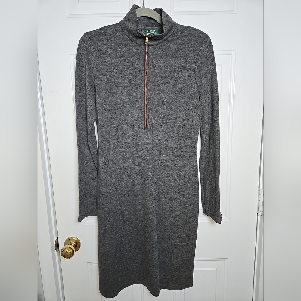 Ralph Lauren Knit Dress With Half Zip And Leather Elbow Accents Size 6 NWT